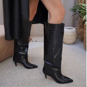 Chic Wide-Shaft Faux Patent Croc Boots
